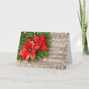 Poinsettia,  pine on wood Christmas Mum and Dad Holiday Card