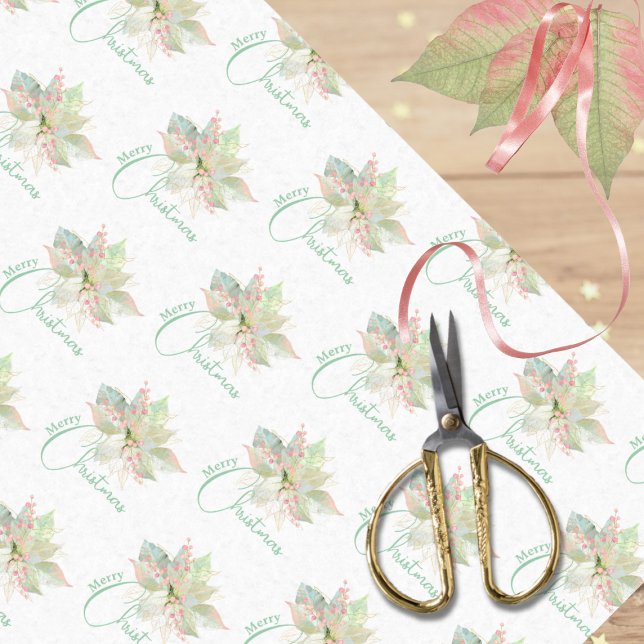 Poinsettia Pink Gold Sage Pastel Merry Christmas  Tissue Paper (Creator Uploaded)