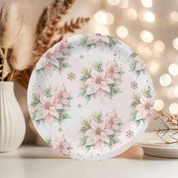 Poinsettia pink Winter gold snowflakes birthday Paper Plate
