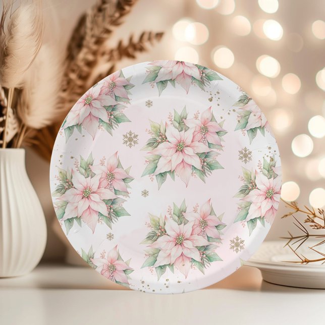 Poinsettia pink Winter gold snowflakes birthday Paper Plate (Creator Uploaded)