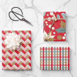 Poinsettia plaid red background winter holiday wrapping paper sheet