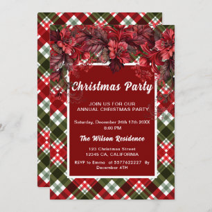 Poinsettia Plaid Tartan Kraft Rustic Christmas Invitation
