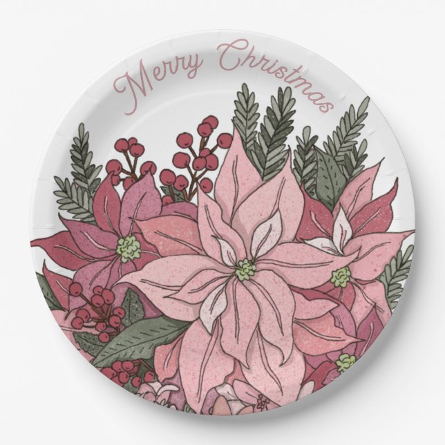 Poinsettia Rabbit Merry Christmas Paper Plate (Front)