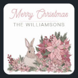 Poinsettia Rabbit Merry Christmas Pink Square Sticker<br><div class="desc">Poinsettia Rabbit Merry Christmas Pink Square Sticker features a gorgeous illustrated Merry Christmas sticker featuring pink poinsettia flowers and a bunny rabbit hiding among the flowers. This lovely holiday artwork makes the perfect sticker label to attach to your holiday gifts this year. Customise with your family name for an easy...</div>