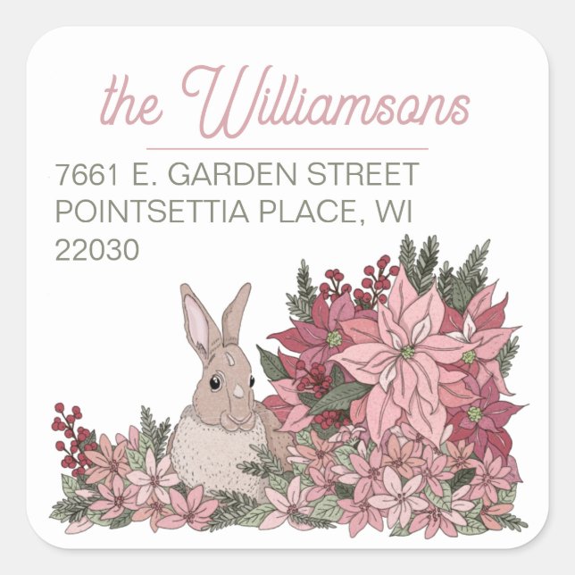 Poinsettia Rabbit Merry Christmas Return Address Square Sticker (Front)