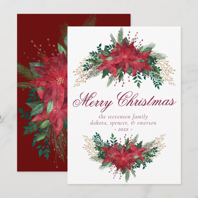 Poinsettia Red and Green Winter Floral Garland Holiday Card (Front/Back)