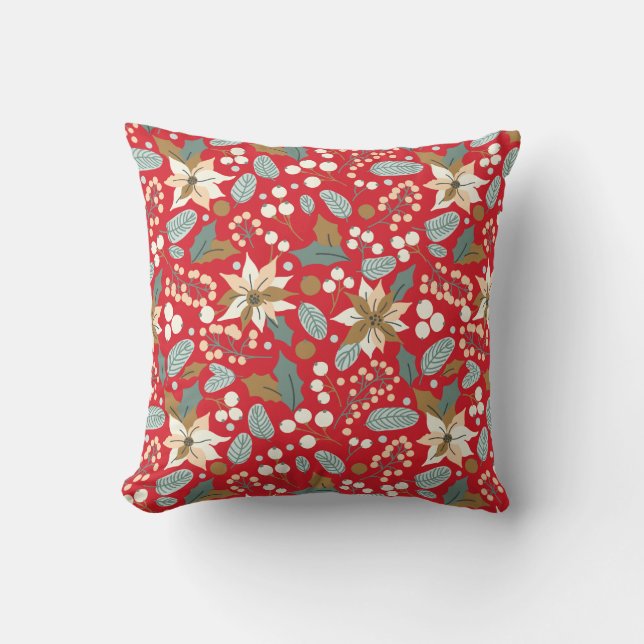 Poinsettia red background winter holiday cushion (Front)