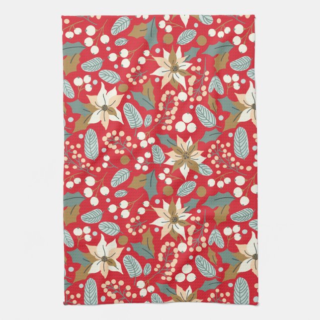 Poinsettia red background winter holiday tea towel (Vertical)