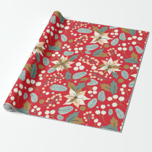 Poinsettia red background winter holiday wrapping  paper