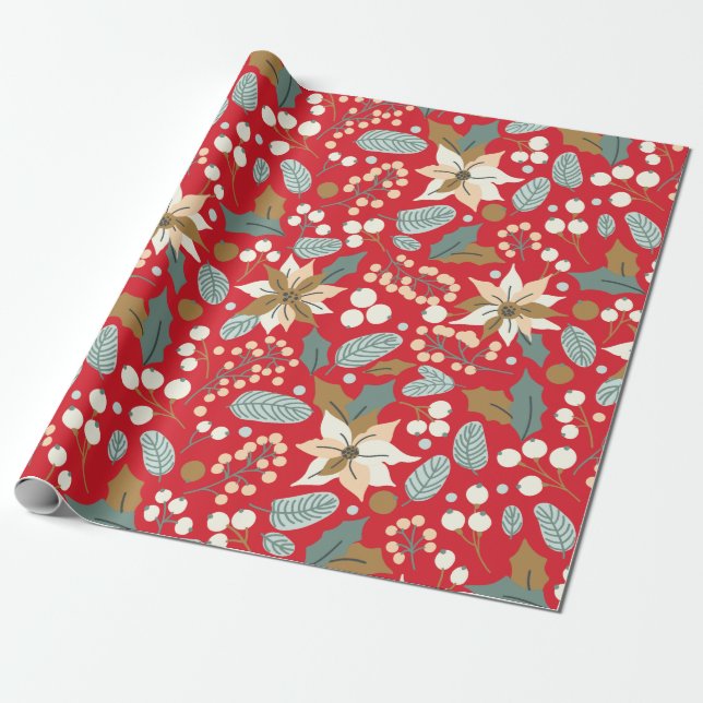Poinsettia red background winter holiday wrapping  paper (Unrolled)