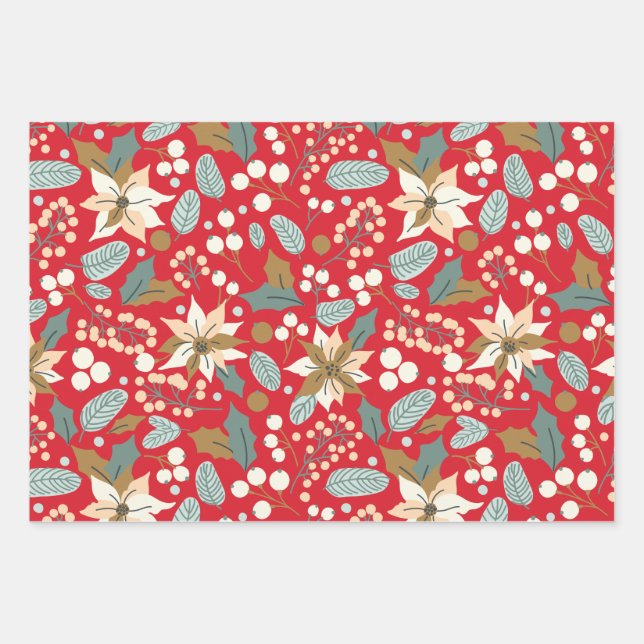 Poinsettia red background winter holiday wrapping paper sheet (Front)