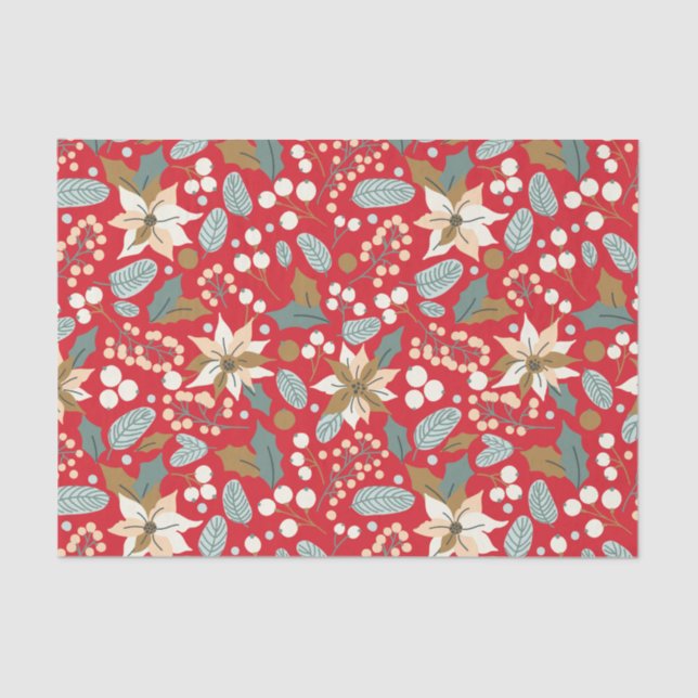 Poinsettia red background winter holiday wrapping  tissue paper (Front)