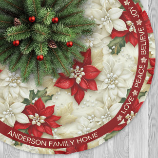 Poinsettia Red Beige Festive Words Christmas Brushed Polyester Tree Skirt