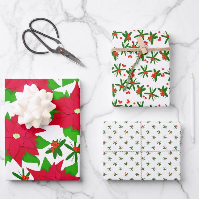 Poinsettia & Red Berry Festive Mexican Christmas Wrapping Paper Sheet (Front)