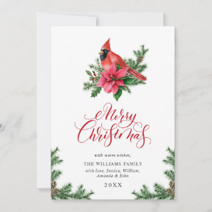 Poinsettia Red Cardinal Christmas Greeting Holiday Card