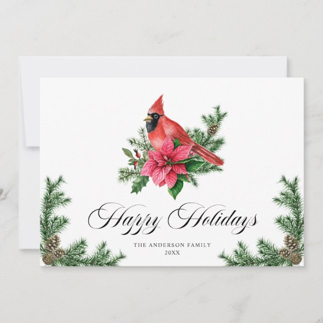 Poinsettia Red Cardinal Christmas Greeting Holiday Card (Front)