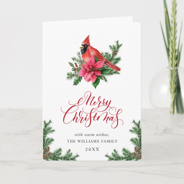 Poinsettia Red Cardinal Christmas Greeting Holiday Card (Front)