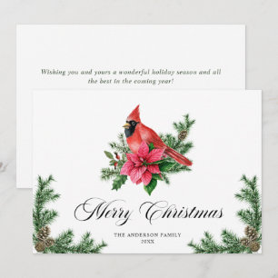 Poinsettia Red Cardinal Christmas Greeting Holiday Card