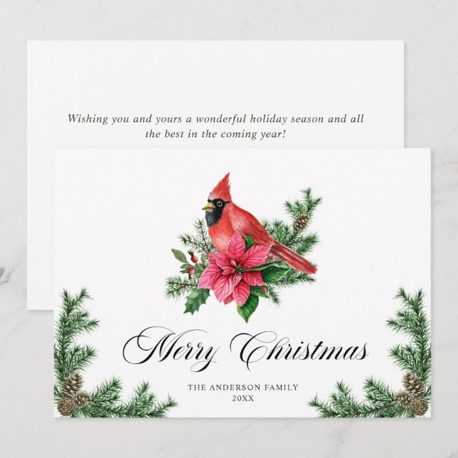 Poinsettia Red Cardinal Christmas Greeting Holiday Card (Front/Back)