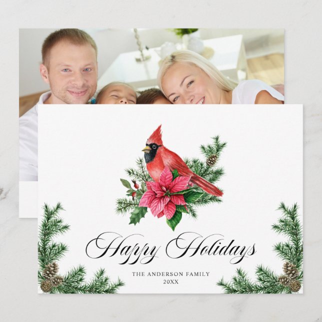 Poinsettia Red Cardinal Christmas Greeting PHOTO Holiday Card (Front/Back)