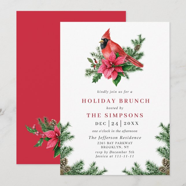 Poinsettia Red Cardinal Christmas HOLIDAY BRUNCH Invitation (Front/Back)