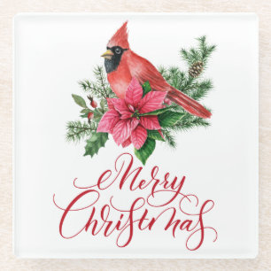 Poinsettia Red Cardinal Christmas Holiday Glass Coaster