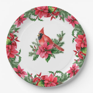 Poinsettia Red Cardinal Christmas Holiday Paper Plate