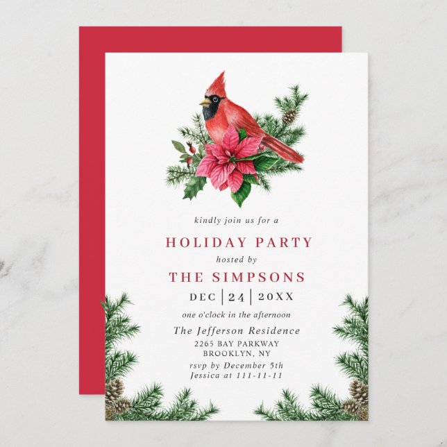 Poinsettia Red Cardinal Christmas Holiday Party Invitation (Front/Back)