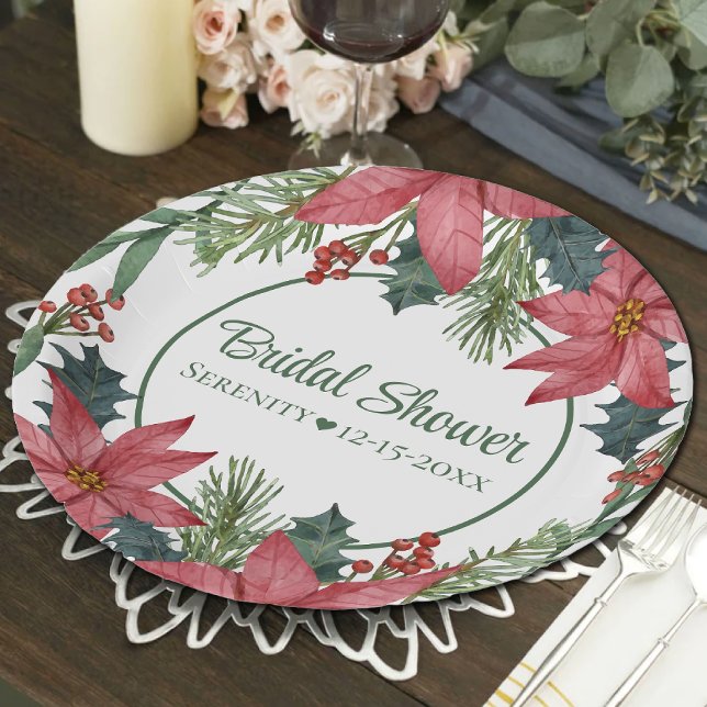 Poinsettia Red Christmas Floral  Bridal Shower Paper Plate (Creator Uploaded)