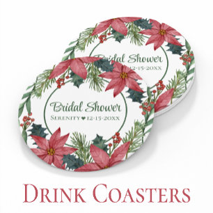 Poinsettia Red Christmas Floral Bridal Shower Round Paper Coaster
