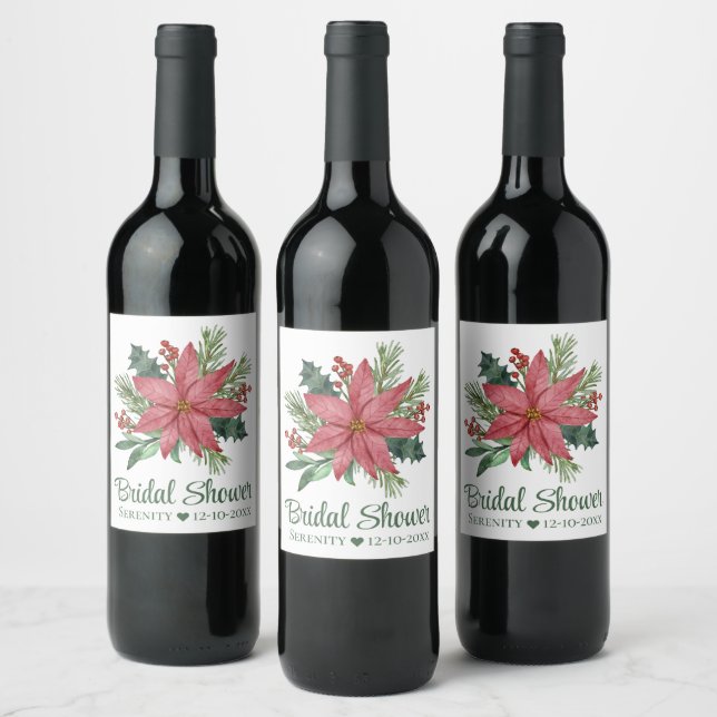 Poinsettia Red  Christmas Floral Bridal Shower Wine Label (Bottles)