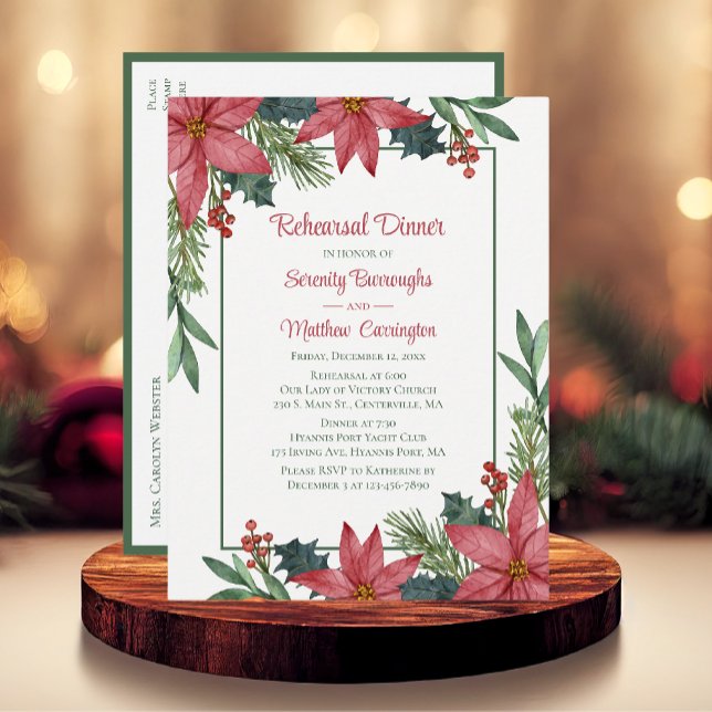 Poinsettia Red Christmas Floral Rehearsal Dinner Invitation Postcard (Creator Uploaded)