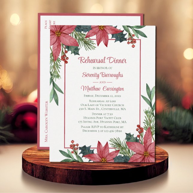 Poinsettia Red Christmas Floral Rehearsal Dinner Invitation Postcard (Creator Uploaded)