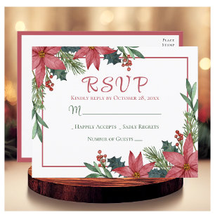 Poinsettia Red Christmas Floral Wedding RSVP Postcard