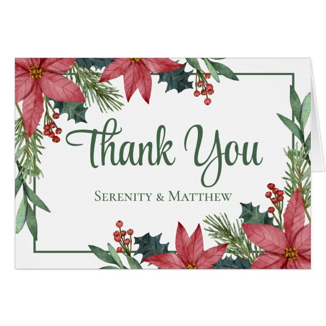 Poinsettia Red Christmas Floral Wedding Thank You (Front Horizontal)