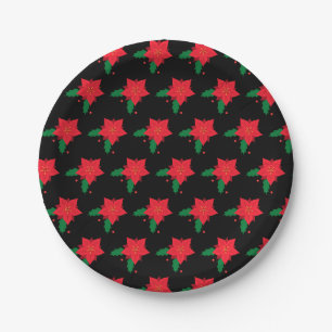 Poinsettia Red Christmas Flower Pattern on Black Paper Plate