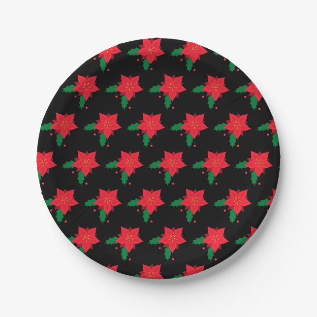 Poinsettia Red Christmas Flower Pattern on Black Paper Plate (Front)