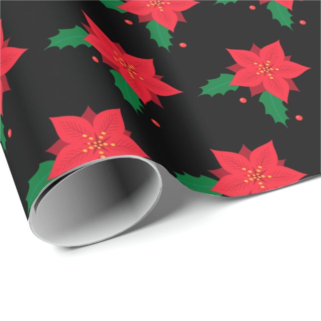 Poinsettia Red Christmas Flower Pattern on Black Wrapping Paper (Roll Corner)