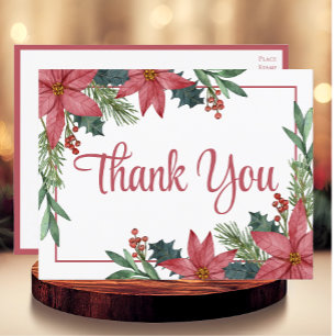 Poinsettia Red Christmas Wedding Thank You Postcard