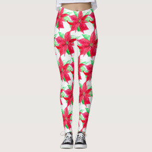 Poinsettia Red Floral Christmas Flower  Leggings