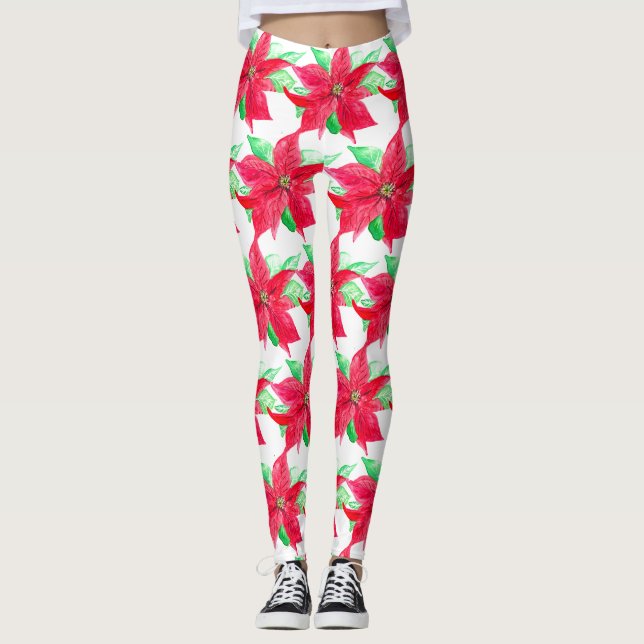 Poinsettia Red Floral Christmas Flower  Leggings (Front)