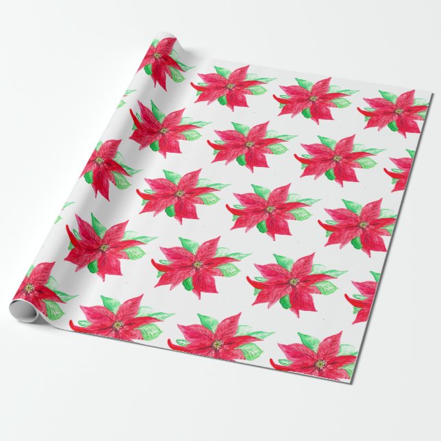 Poinsettia Red Floral Christmas Flower  Wrapping Paper (Unrolled)