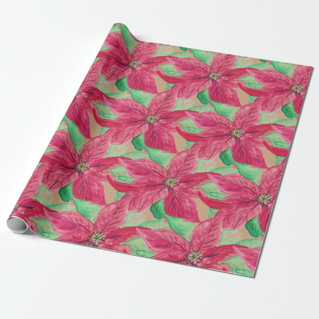 Poinsettia Red Floral Christmas Vintage  Wrapping Paper (Unrolled)