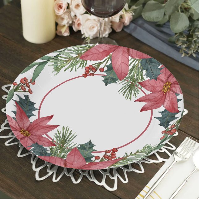 Poinsettia Red Floral Christmas Wedding  Paper Plate (Creator Uploaded)
