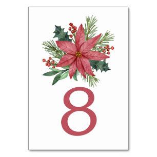 Poinsettia Red Floral Christmas Wedding Table Number