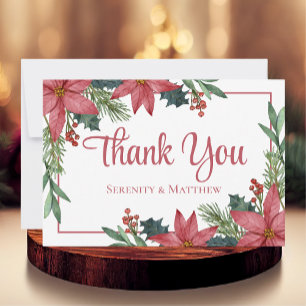 Poinsettia Red Floral Christmas Wedding Thank You Card