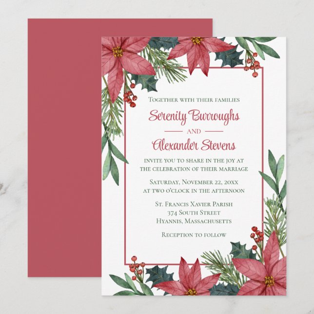 Poinsettia Red Floral Elegant Christmas Wedding Invitation (Front/Back)