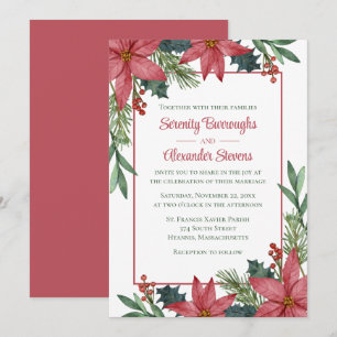 Poinsettia Red Floral Elegant Christmas Wedding Invitation