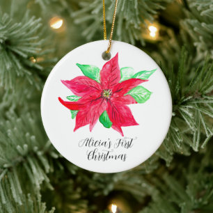 Poinsettia Red Floral Flower First Christmas Ceramic Tree Decoration