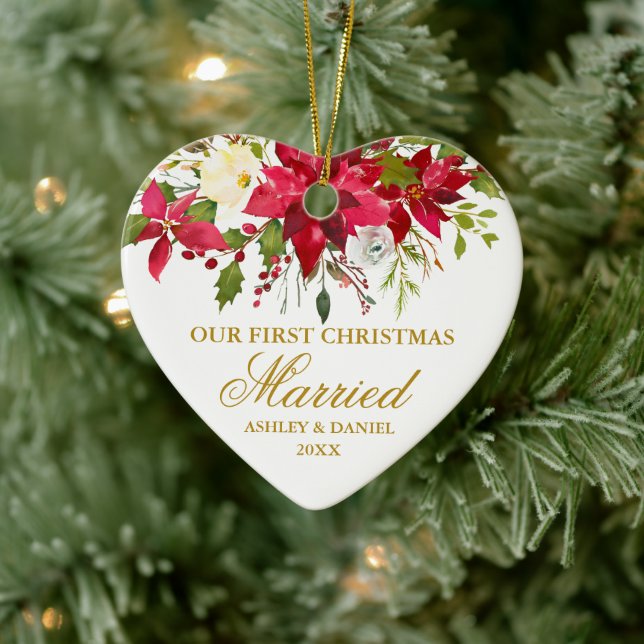 Poinsettia Red Floral Gold First Christmas Married Ceramic Tree Decoration (Tree)